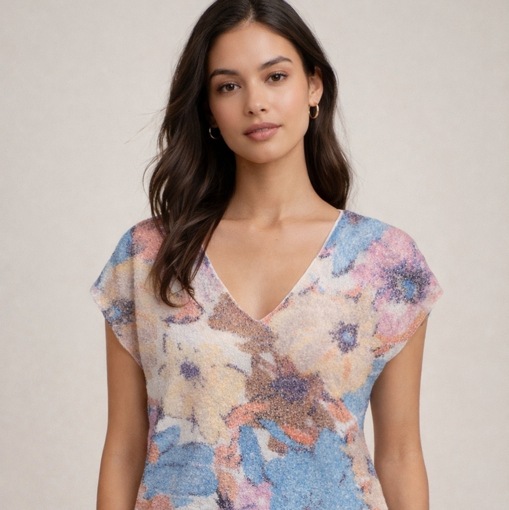 Elie Tahari Elie Floral Textured Blouse Size Small Pastel V-Neck Top